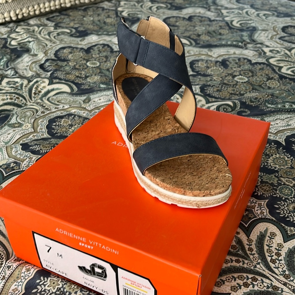 NIB blue wedge sandal, back zipper